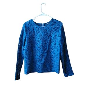 Sweater INA large blue teal thick lace like open see through print zipper floral